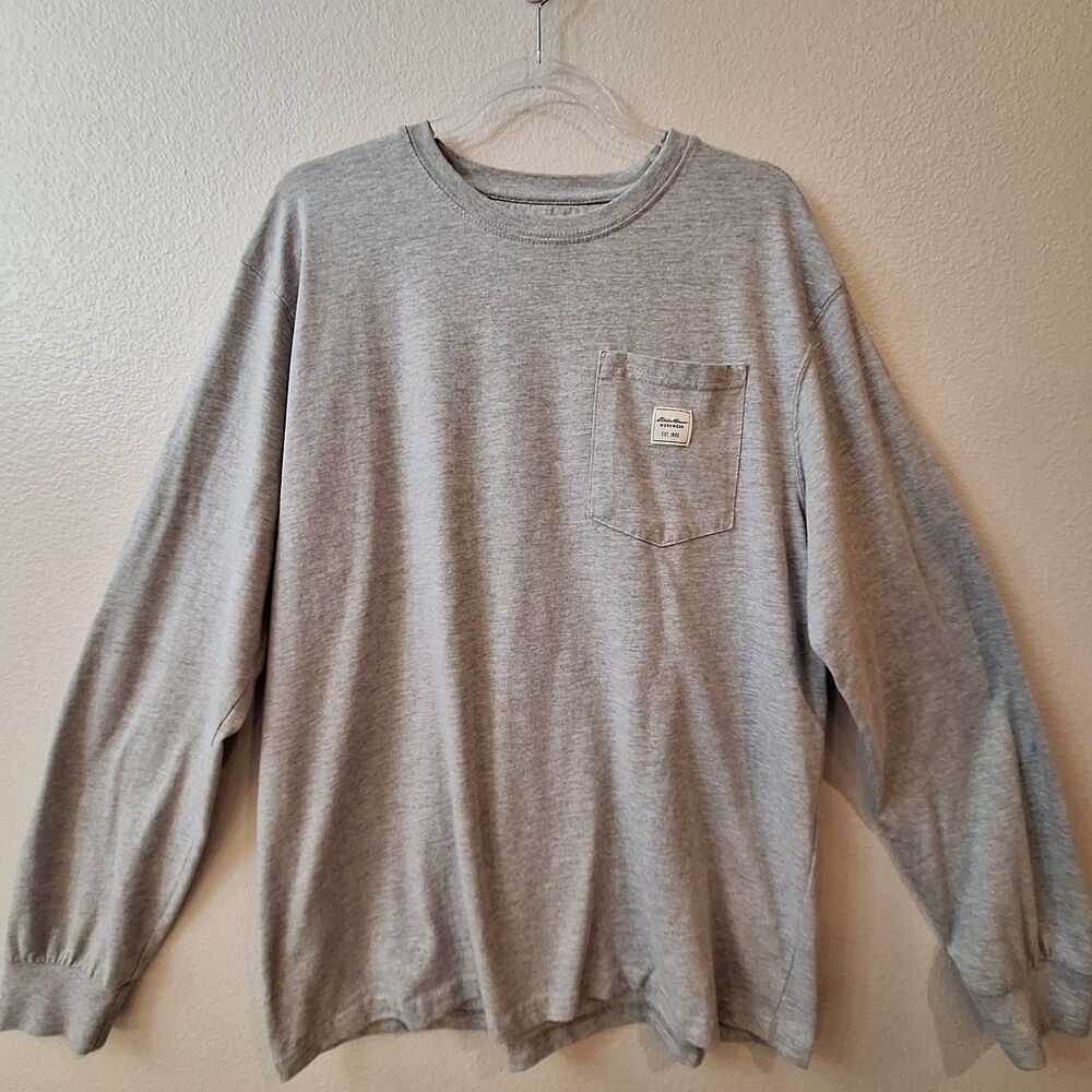 Eddie Bauer Workwear Shirt Mens L Gray Heathered Pocket Long Sleeve Crew Neck